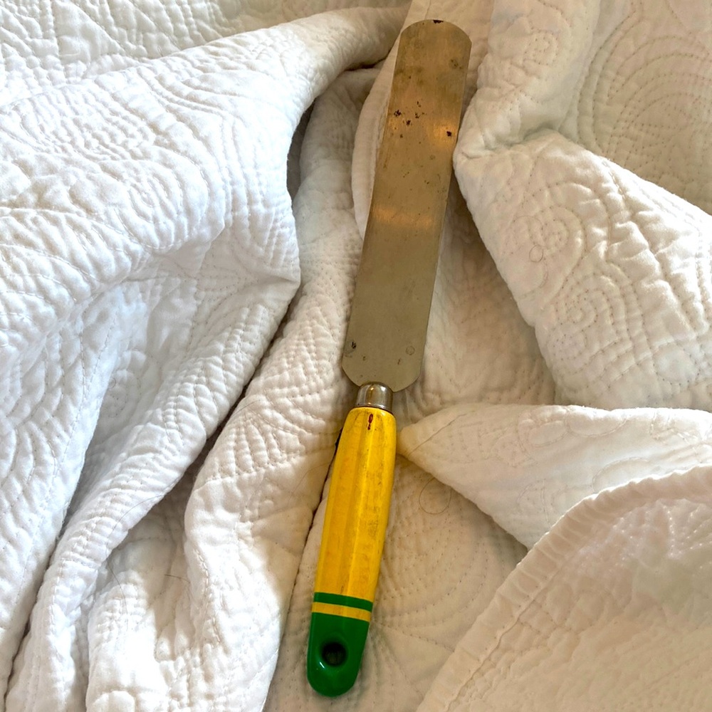 1940s stainless vintage Steel Spatula with Yellow and Green wooden Handle